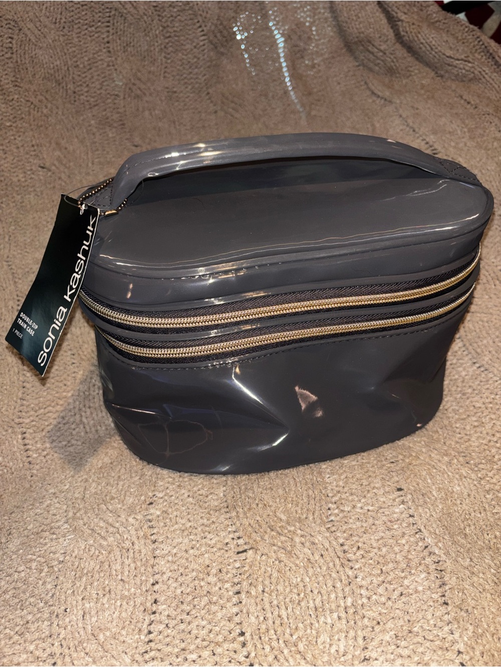 NWT Sonia Kashuk Gray Glossy Double Zip Train Case Makeup Organizer